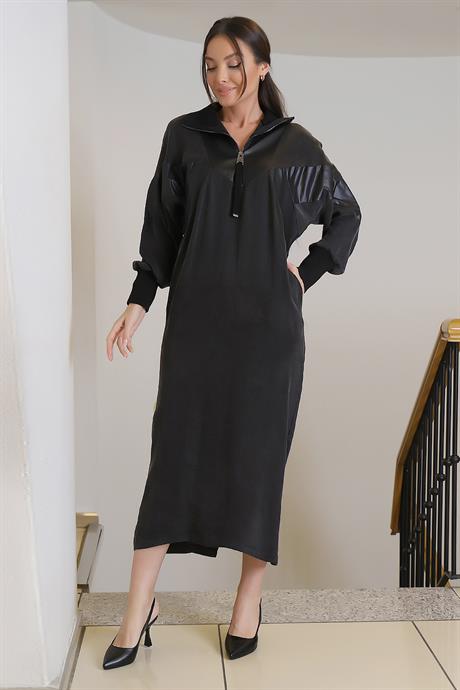 Şal Yaka Deri Detaylı Siyah Kadın Elbise 0012-2K3