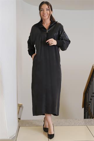 Şal Yaka Deri Detaylı Siyah Kadın Elbise 0012-2K3
