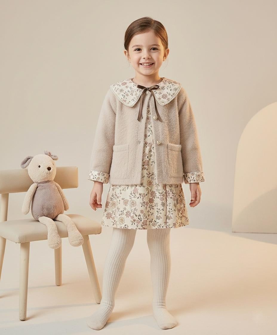 BEB-16489Kız Çocuk Yumuş Hırkalı Poplin Çiçekli Elbise Takım BEB-16489