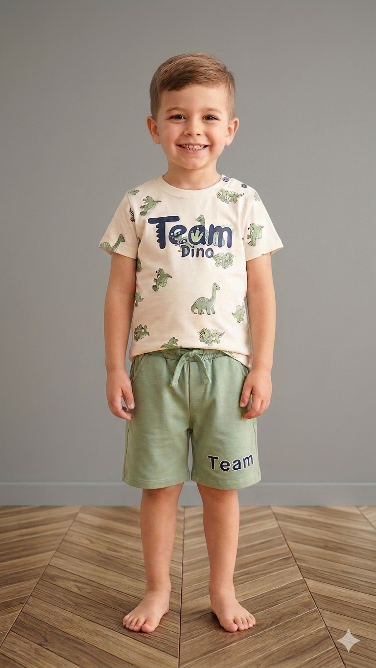 BRE-20974Erkek Bebek Team Dino Baskılı  Şortlu Takım BRE-20974