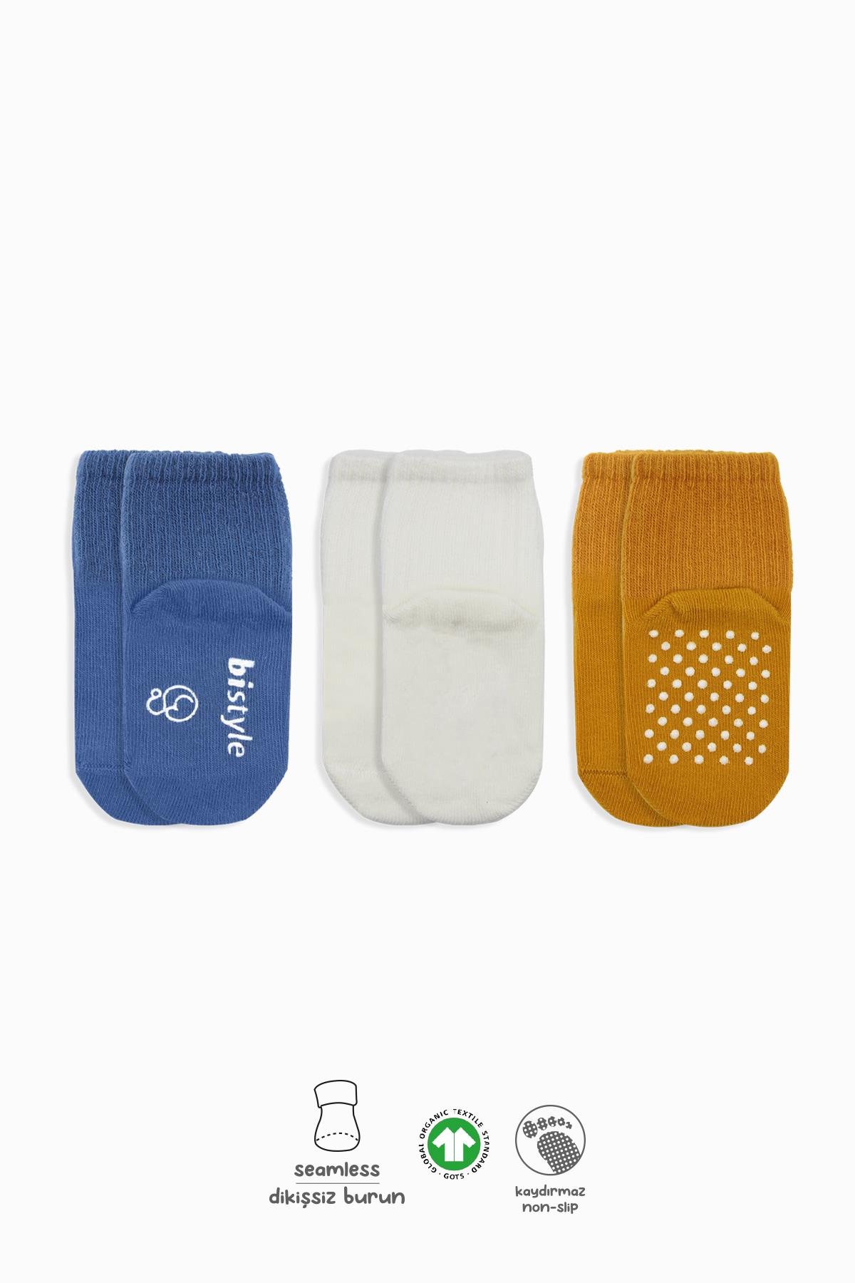 BIS-10107Erkek Bebek Organik Basic Kaymaz 3'lü Soket Çorap