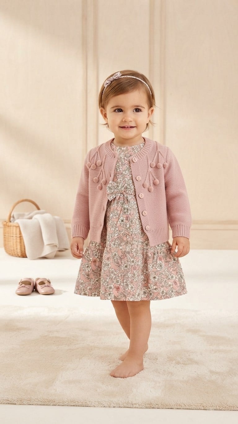 BBR-5184Kız Bebek Ponpon Hırkalı Keten Elbise BBR-5184
