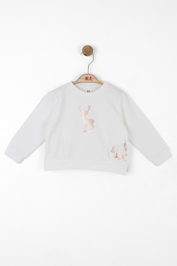 NK-35623NK Kids Kız Bebek Geyik Yılbaşı Temalı Sweat