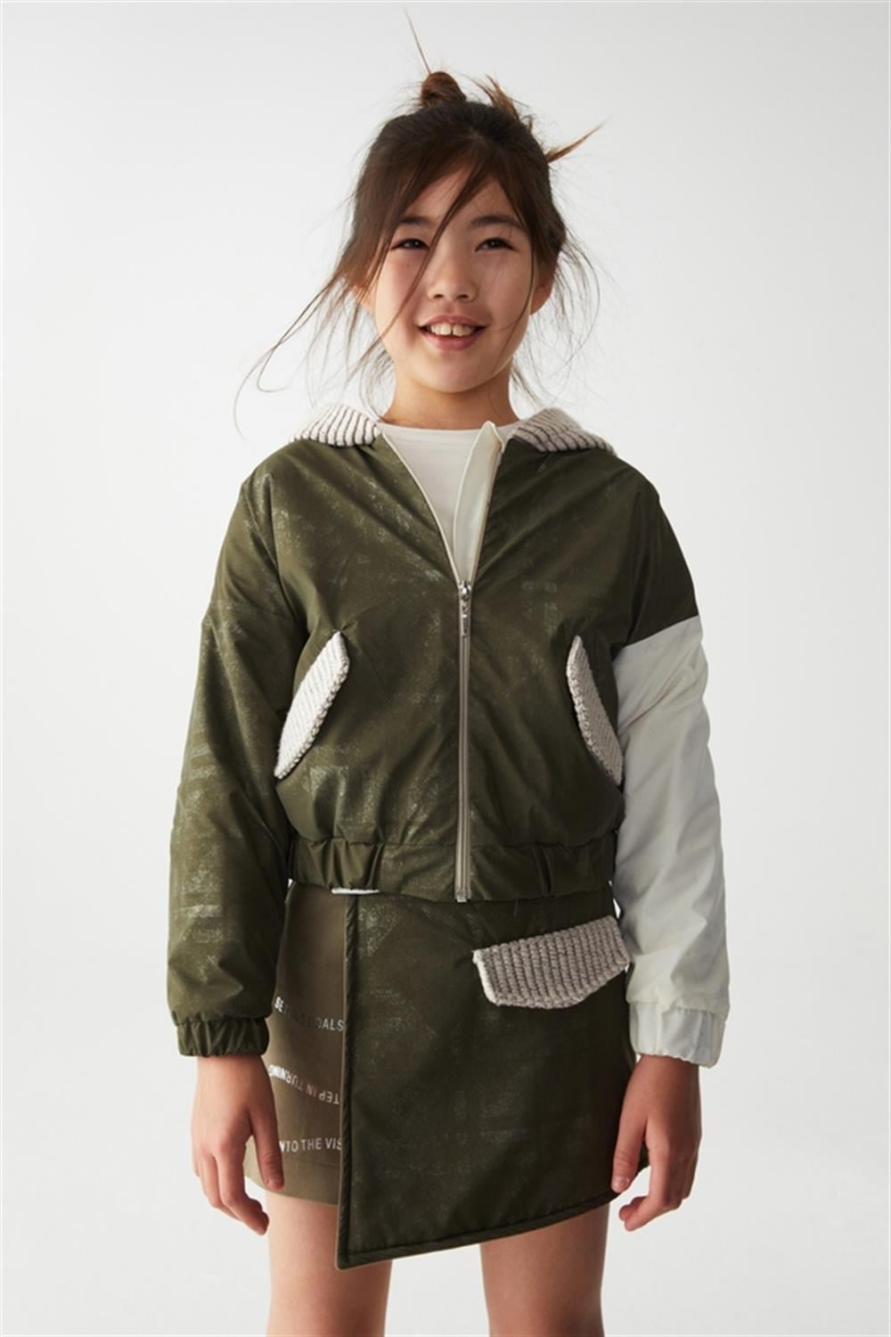 NK-35350Kız Çocuk Style Kapşonlu Fermuarlı Ceket