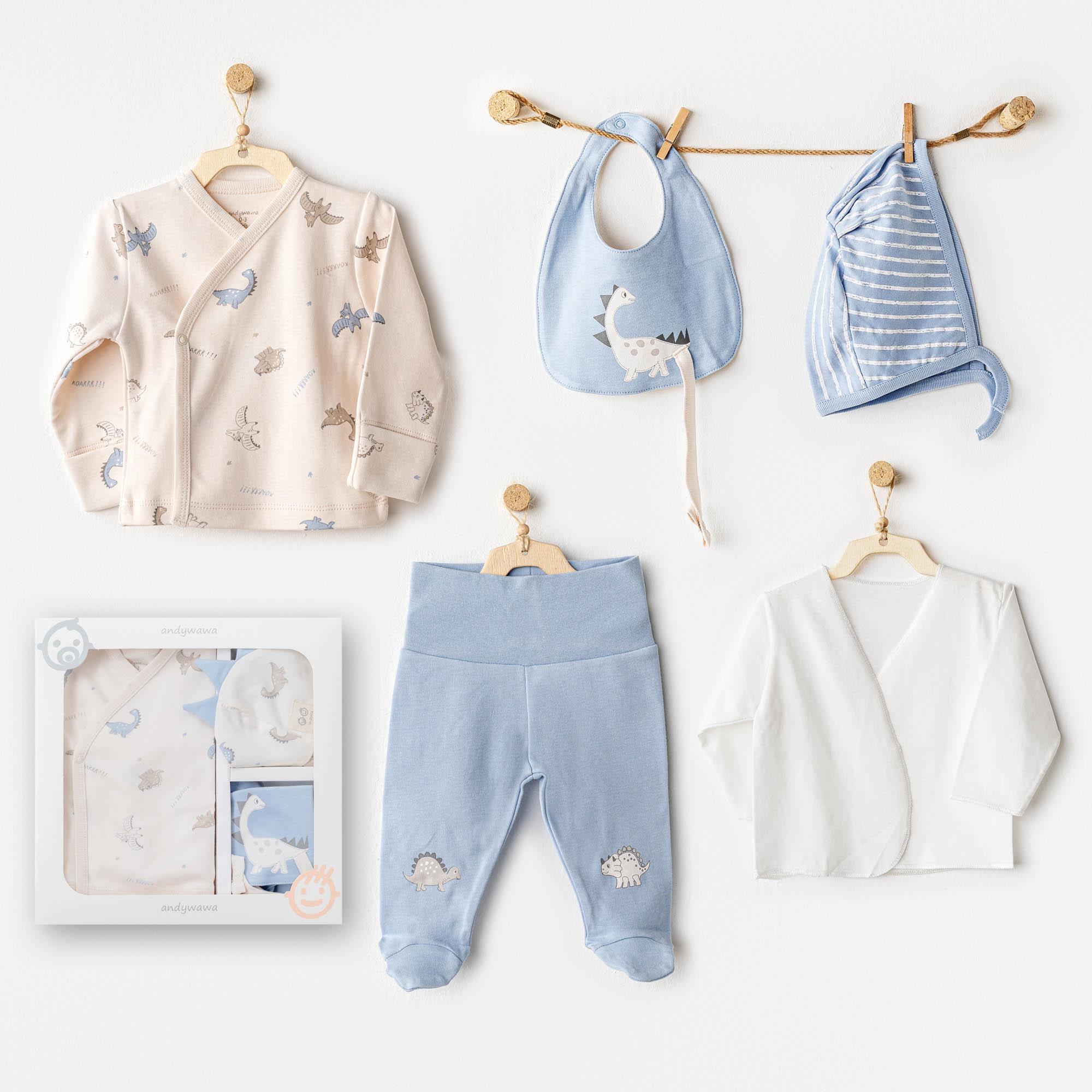 ANW-AC25910Erkek Bebek Hastane Çıkışı 5 Pcs Newborn Set Dino AC25910