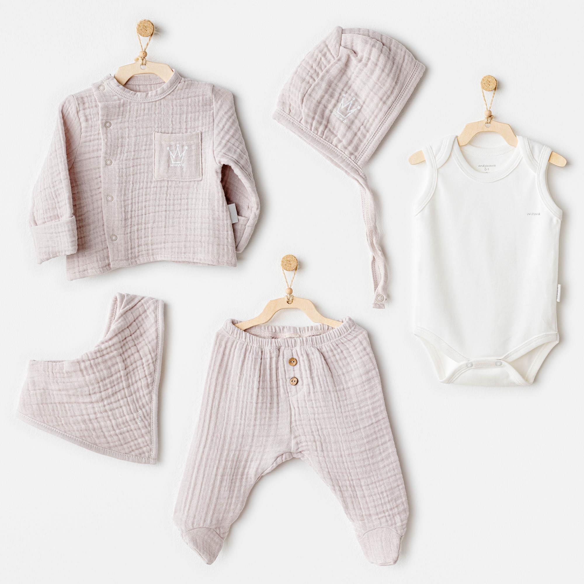 ANW-AC25830Erkek Bebek Hastane Çıkışı 5 Parça Muslin AC25830