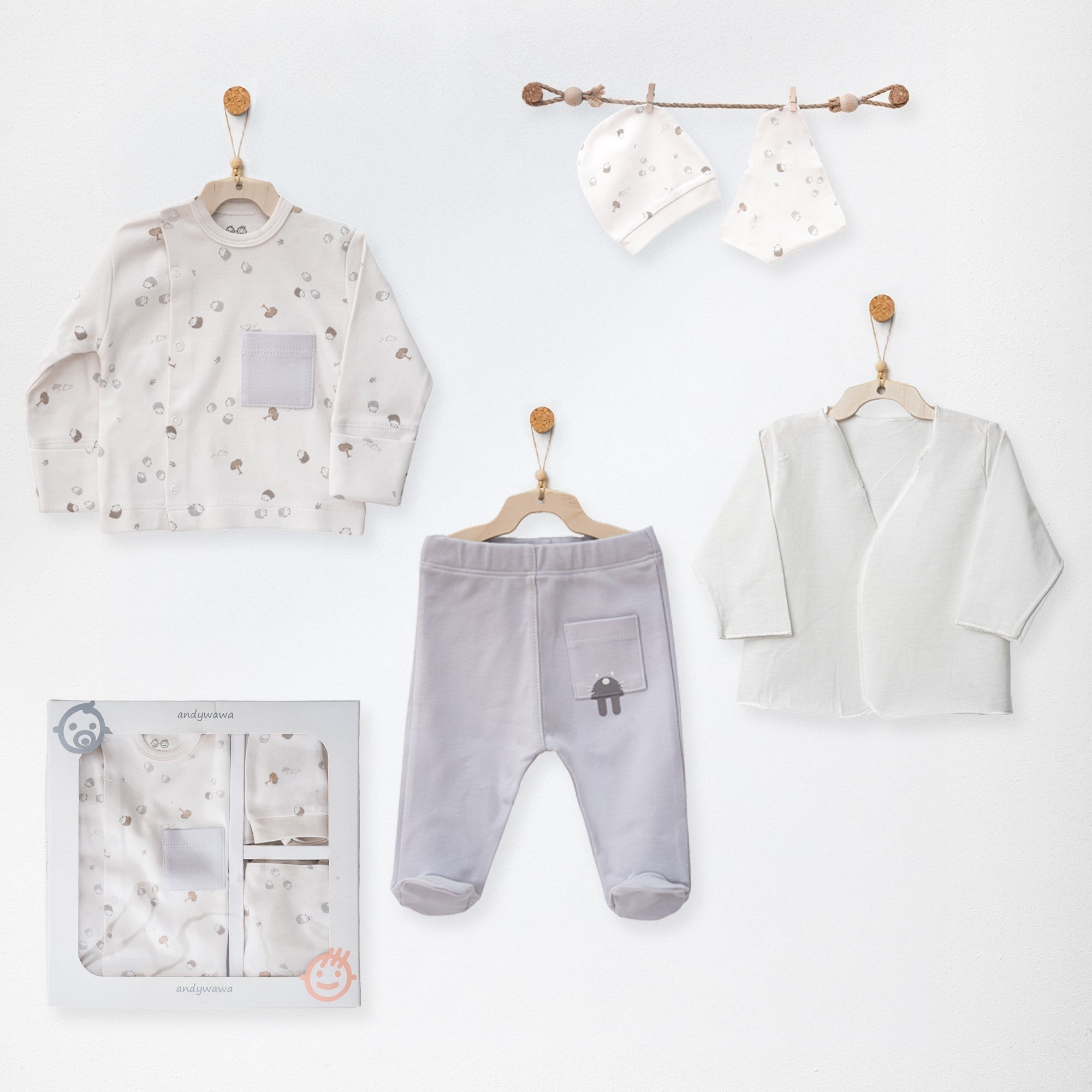 ANW-AC27050Erkek Bebek Hastane Çıkışı 5 Pcs Newborn Set Hedgegog Family ANW-AC27050
