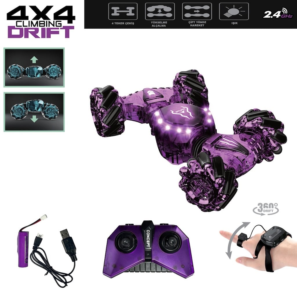 VAR-VRD10631Bilekten Kontrol Uzaktan Kumandalı Full Fonksiyon Şarjlı 2.4g Şeffaf Işıklı 4x4 Drift Araba