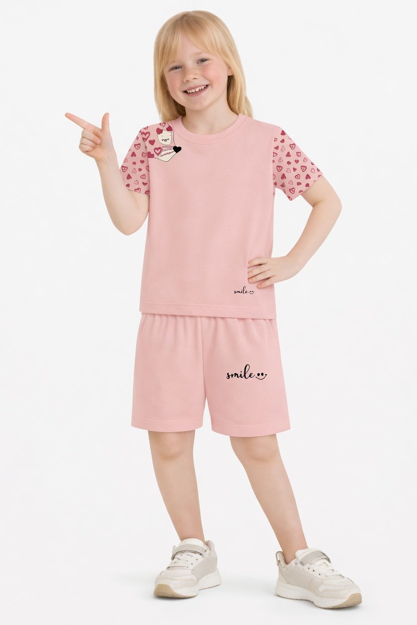 NBK-6144Kız Çocuk Şortlu Yazlık Pijama Takımı Kedi Temalı NBK-6144