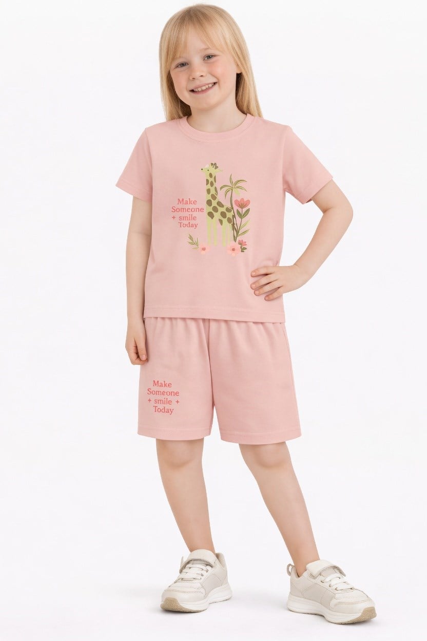 NBK-6145Kız Çocuk Şortlu Yazlık Pijama Takımı Zürafa Temalı NBK-6145