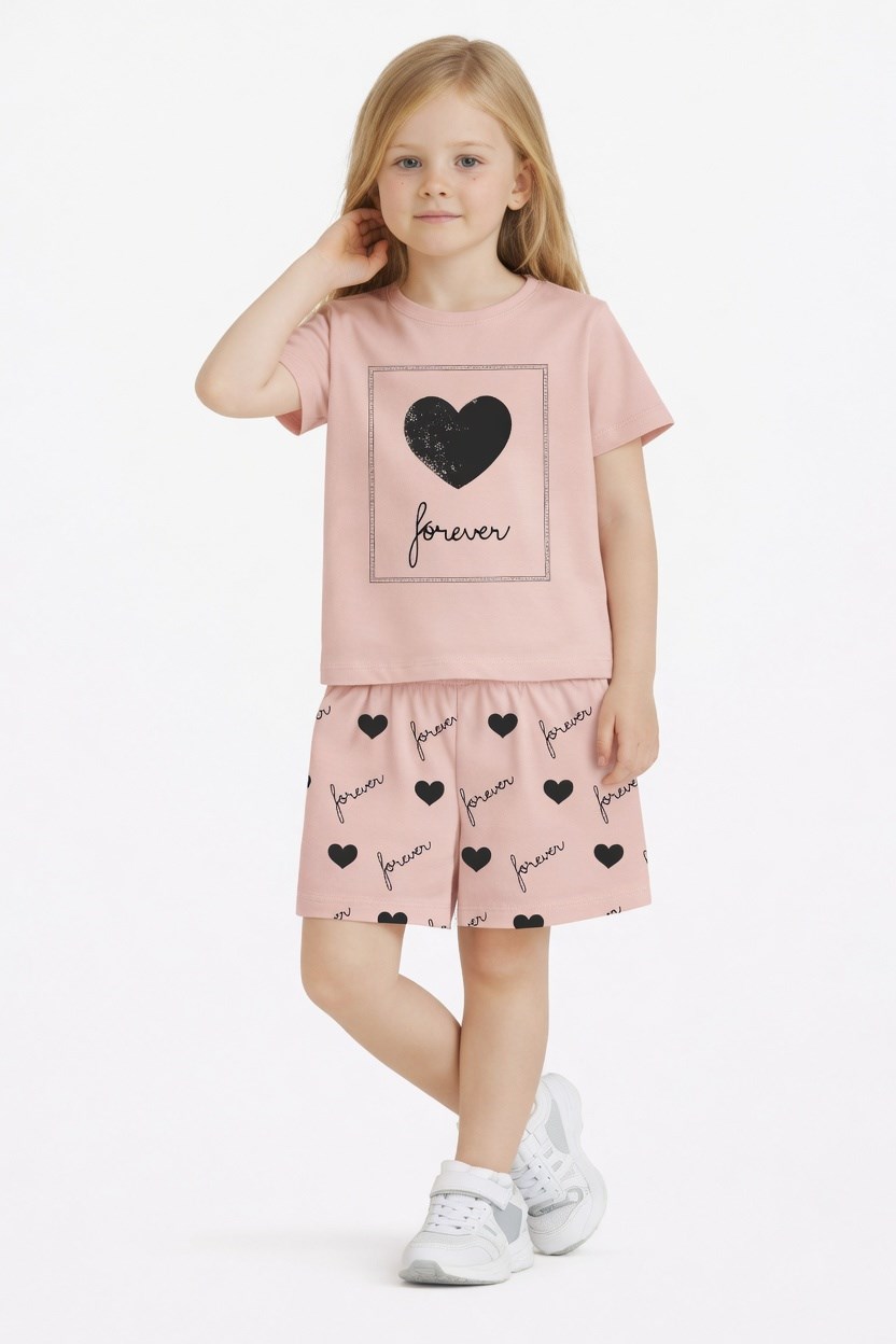 NBK-6146Kız Çocuk Şortlu Yazlık Pijama Takımı Kalp Temalı  NBK-6146