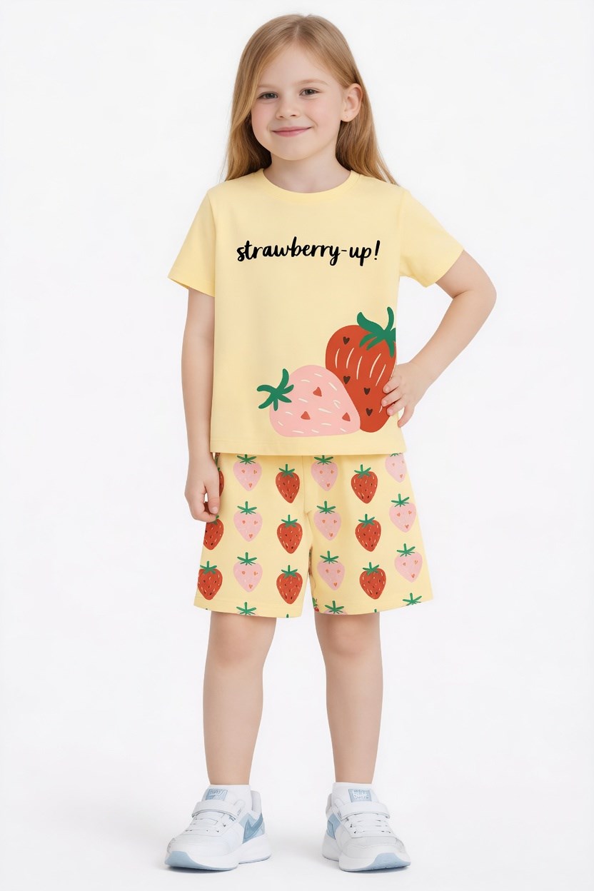NBK-6154Kız Çocuk Şortlu Yazlık Pijama Takımı - Çilek NBK-6154