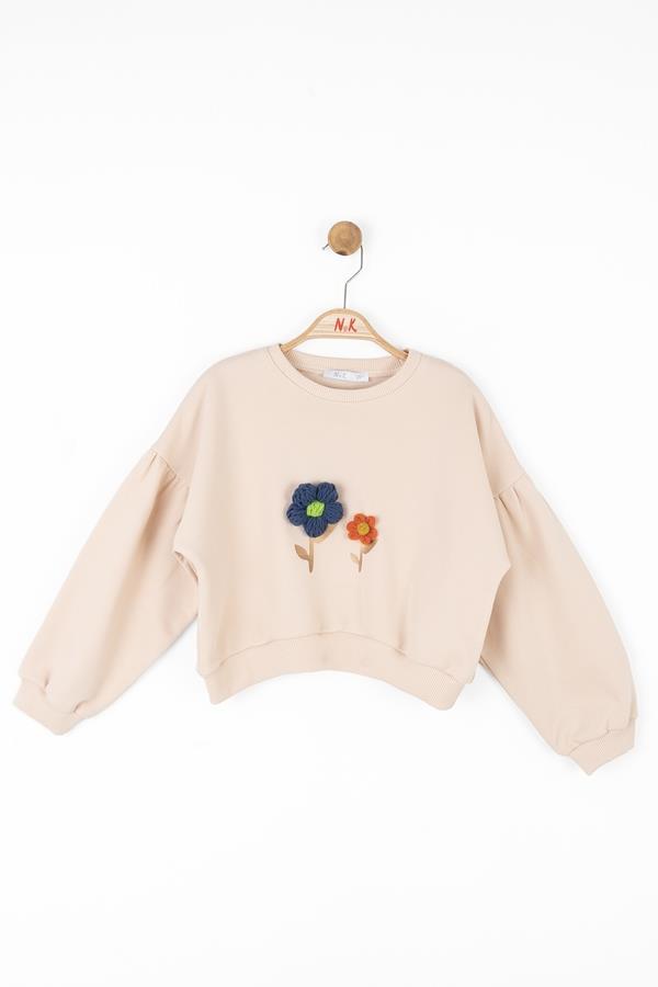 NK-37506Kız Çocuk Örgü Çiçekli Sweat