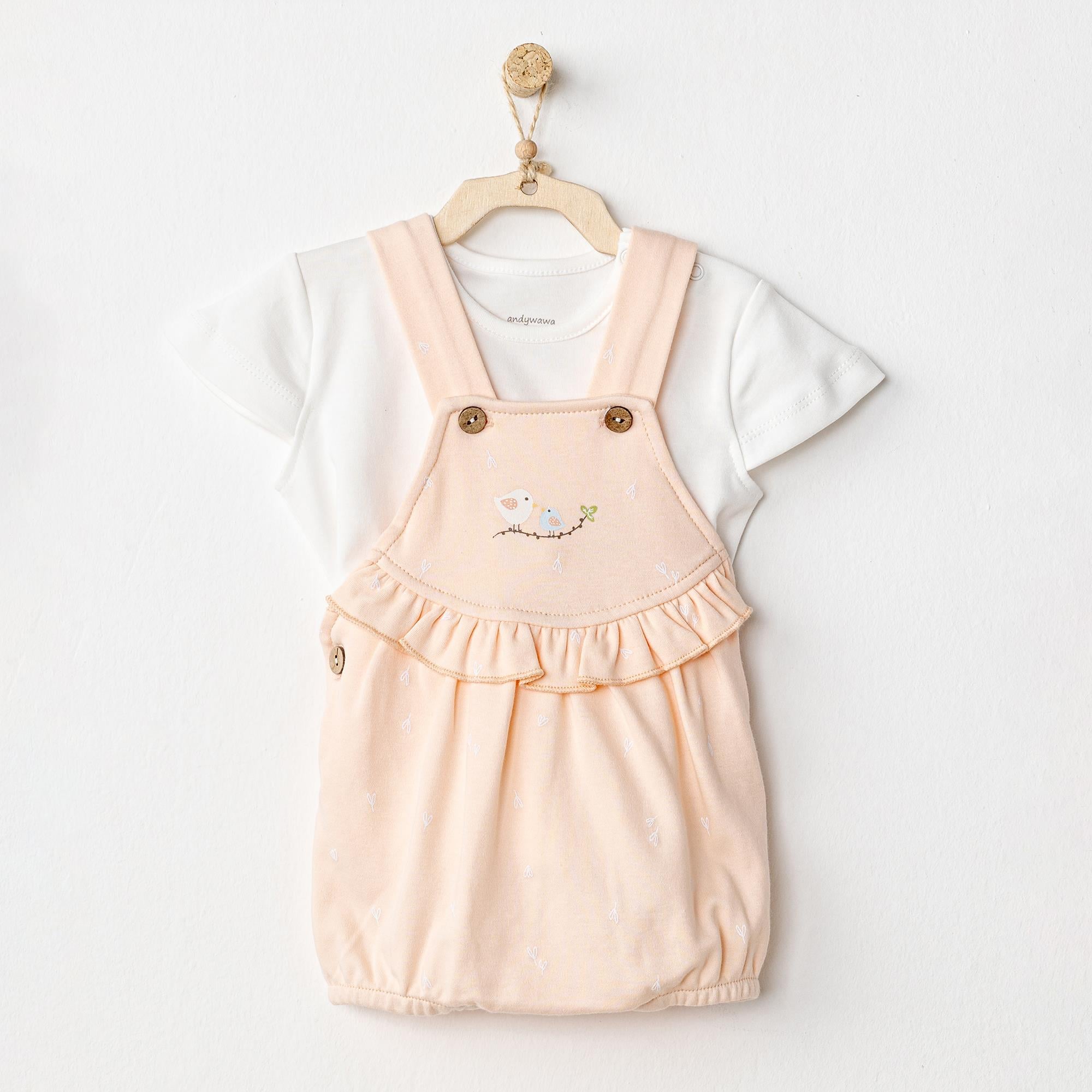 ANW-AC24528Kız Bebek Salopet Takım Jumpsuıt Set Spring Birds