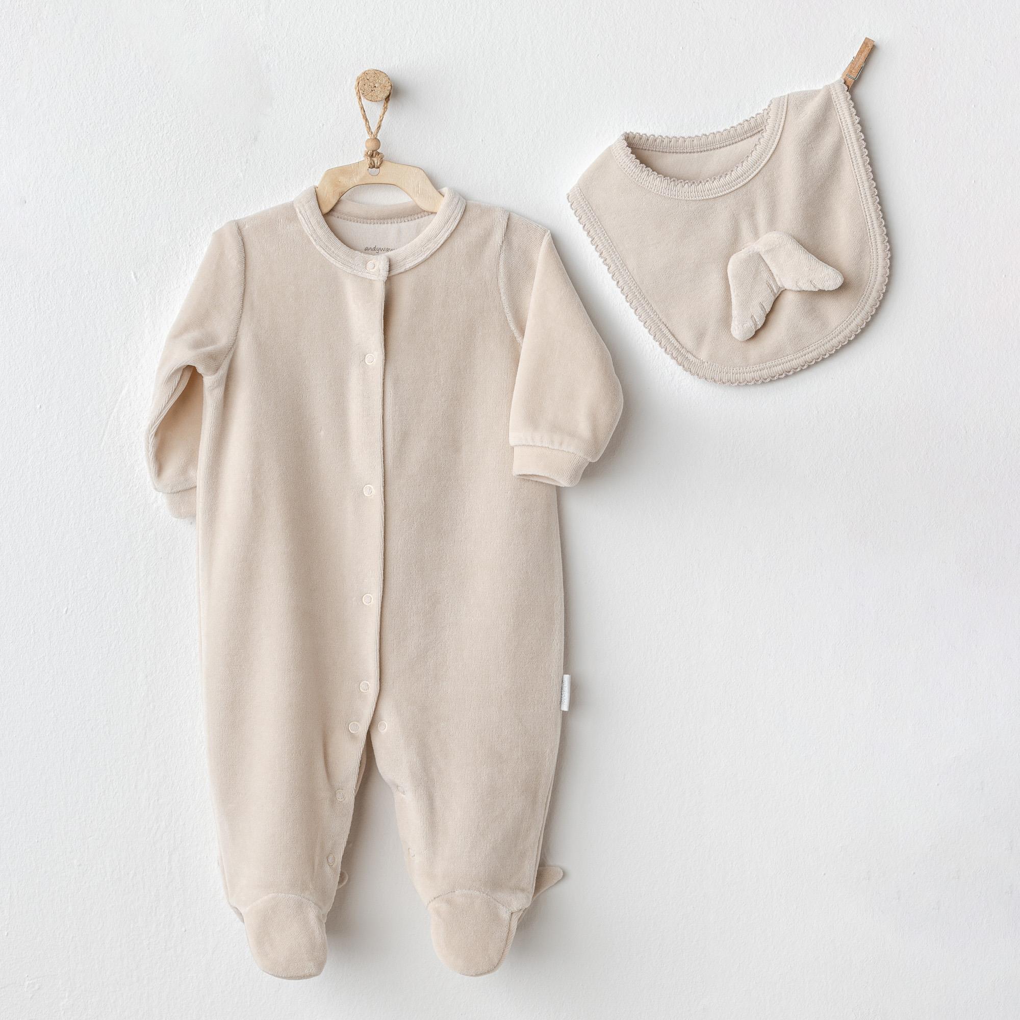 ANW-AC25324Bebek Tulum Takım Romper Bibs Set Velvet Happy Newyear AC25324