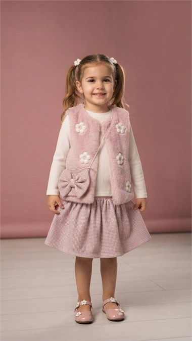 BBR-5246Kız Bebek Papatya Aksesuarlı Pelüş Yelekli Takım BBR-5246