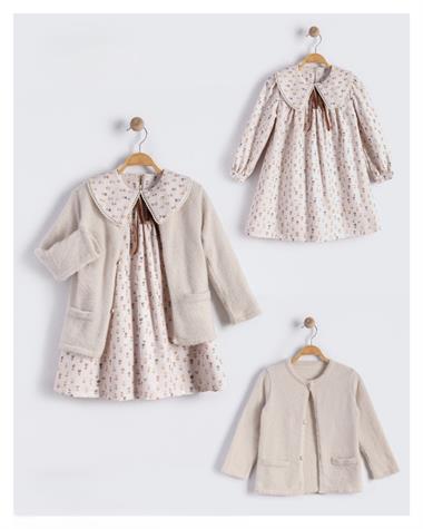 BEB-16557Kız Çocuk Yumuş Hırkalı Poplin Çiçekli Elbise Takım BEB-16557