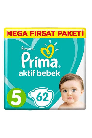 PRI-0255Prima Bebek Bezi Aktif Bebek 5 Beden 62 Adet Junior Mega Fırsat Paketi
