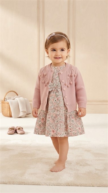 BBR-5184Kız Bebek Ponpon Hırkalı Keten Elbise BBR-5184