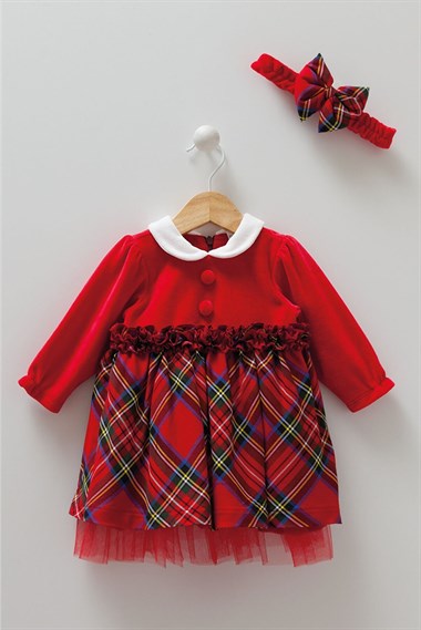 CRM-8459Caramel Baby 8459 Kız Bebek Yılbaşı Ekose Desen Kadife Bantlı Elbise