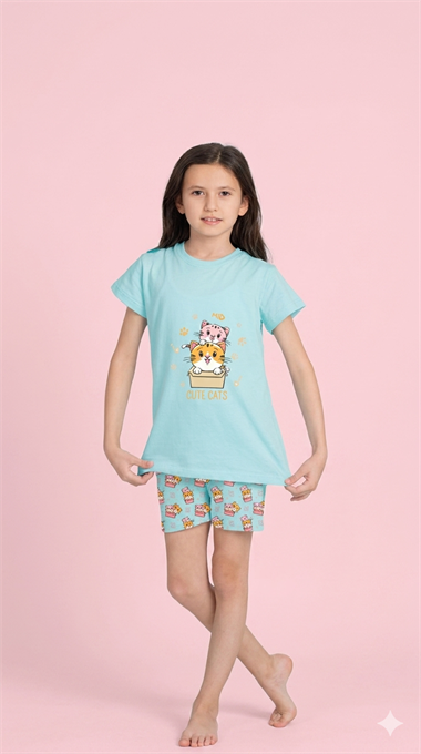 ELM-4214Kız Çocuk Yazlık Şortlu Pijama Takım Kedi ELM-4214