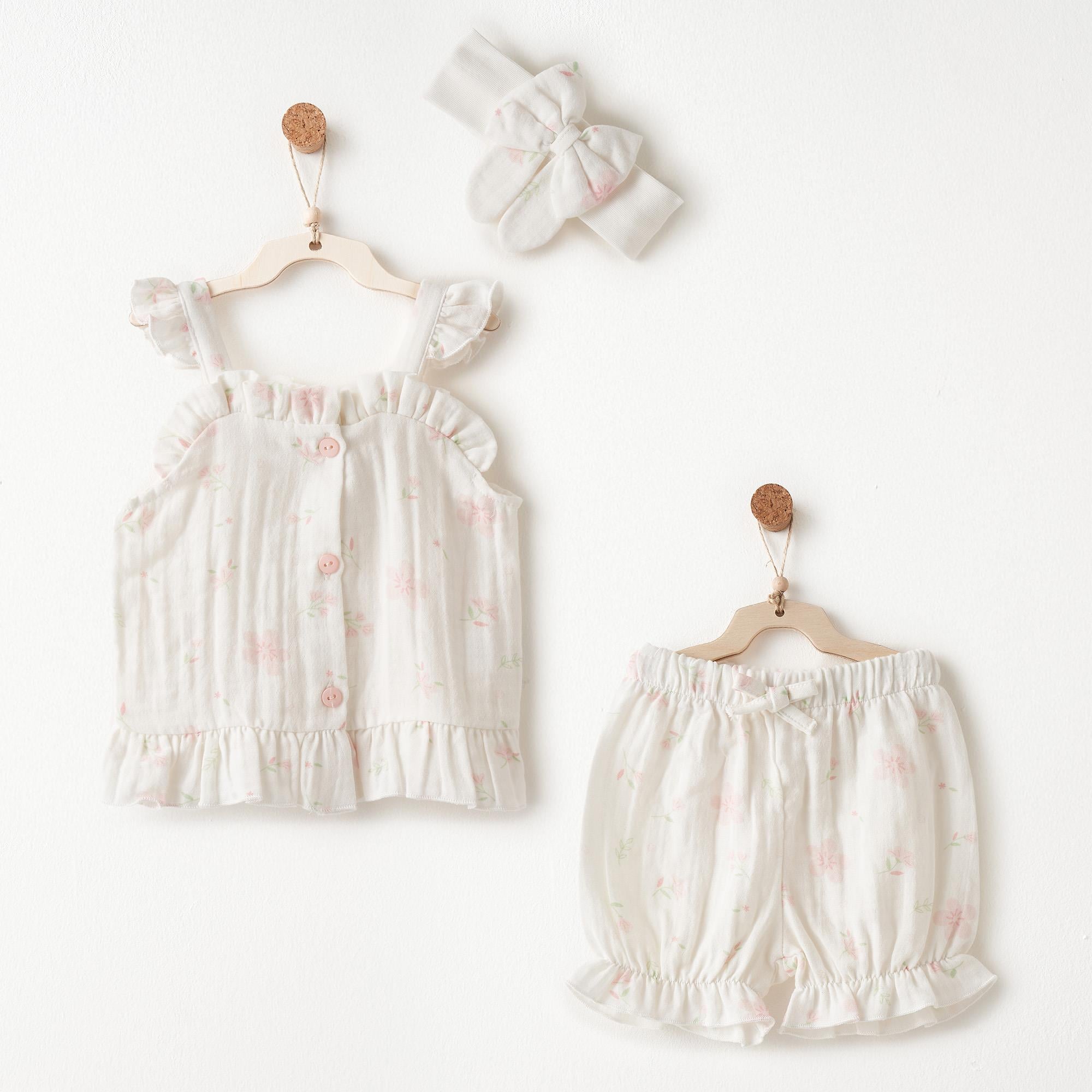 ANW-AC26615Kız Bebek Takım 3 Parça Set Muslin ANW-AC26615