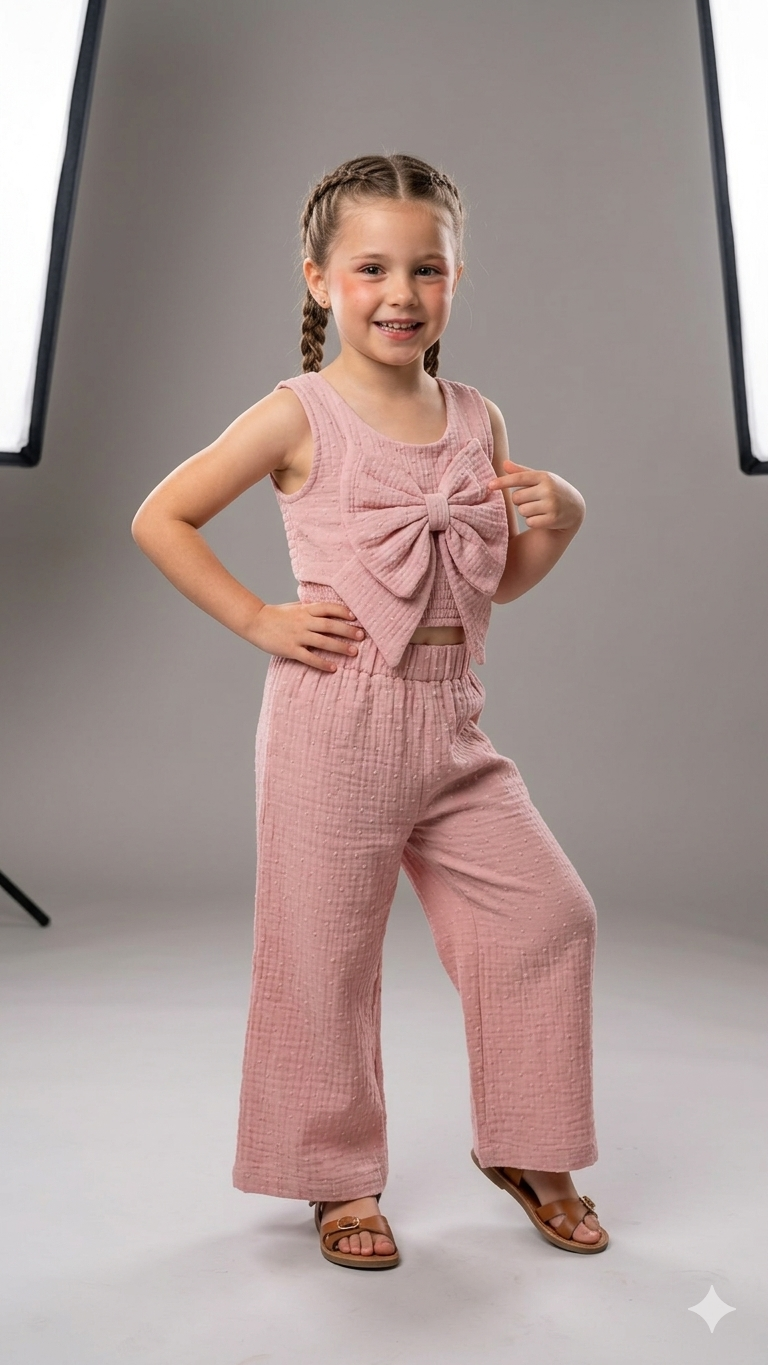 SER-1001Kız Çocuk Kesme Fiyonklu Crop Müslin Takım SER-1001