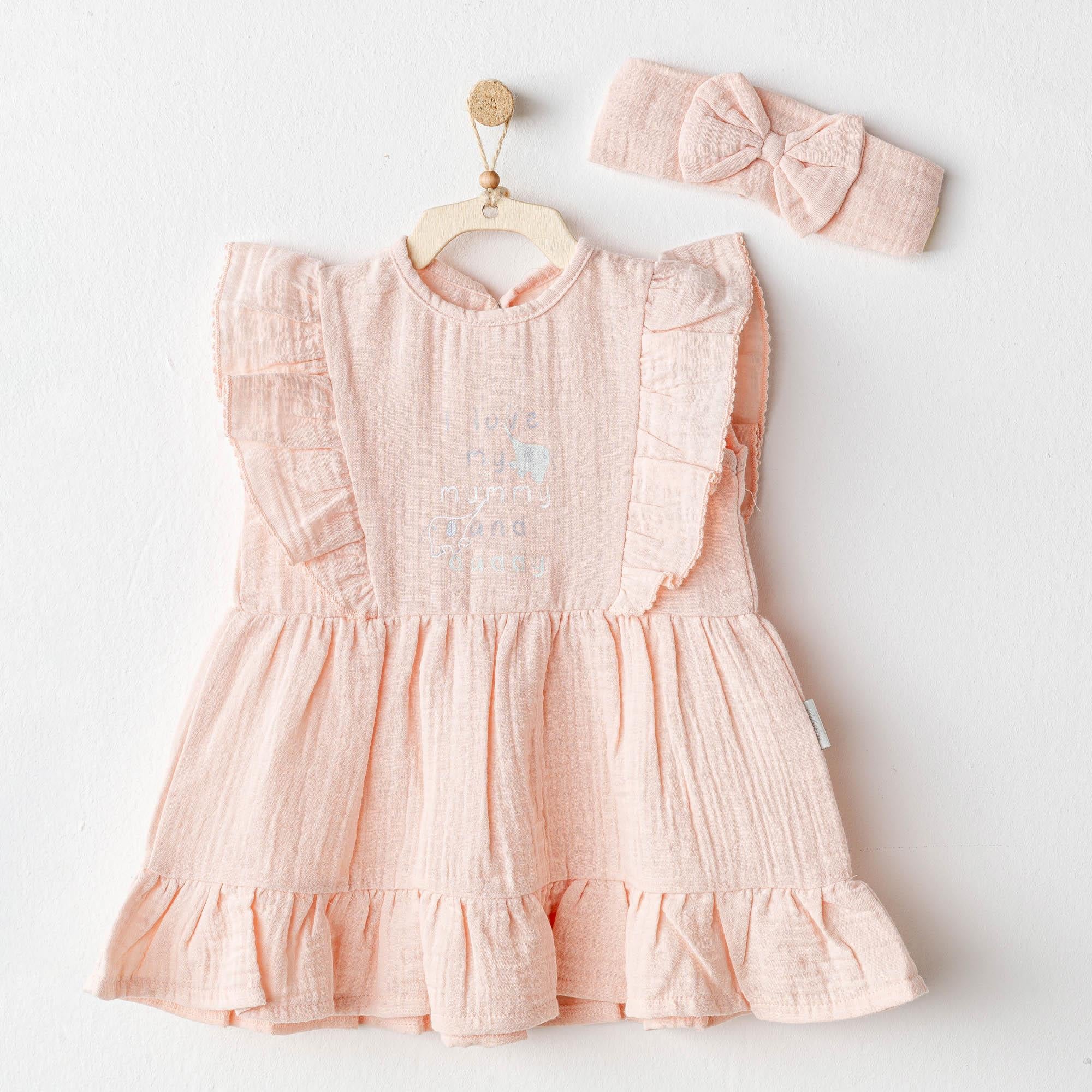ANW-AC25521Kız Bebek Elbise Takim Dress Band Set Love Family Muslin AC25521
