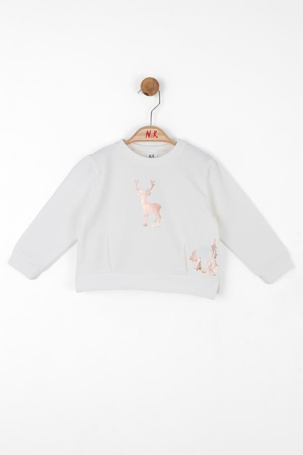 NK-35623NK Kids Kız Bebek Geyik Yılbaşı Temalı Sweat