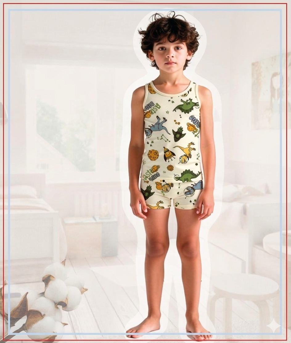 ELM-M-7121Erkek Çocuk Atlet Boxer Takım Dinazor ELM-M-7121