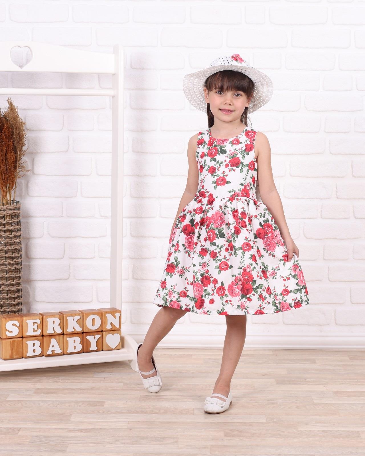 SER-0235Serkon Kız Çocuk Hasır Şapkalı Güllü Elbise SER-0235