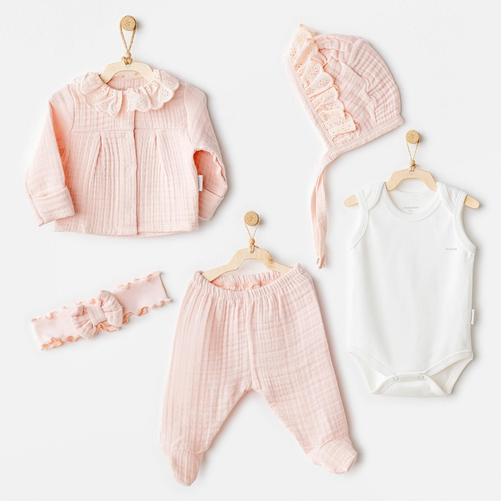 ANW-AC25840Kız Bebek Hastane Çıkışı 5 Pcs Newborn Set Natural Gift Muslin AC25840