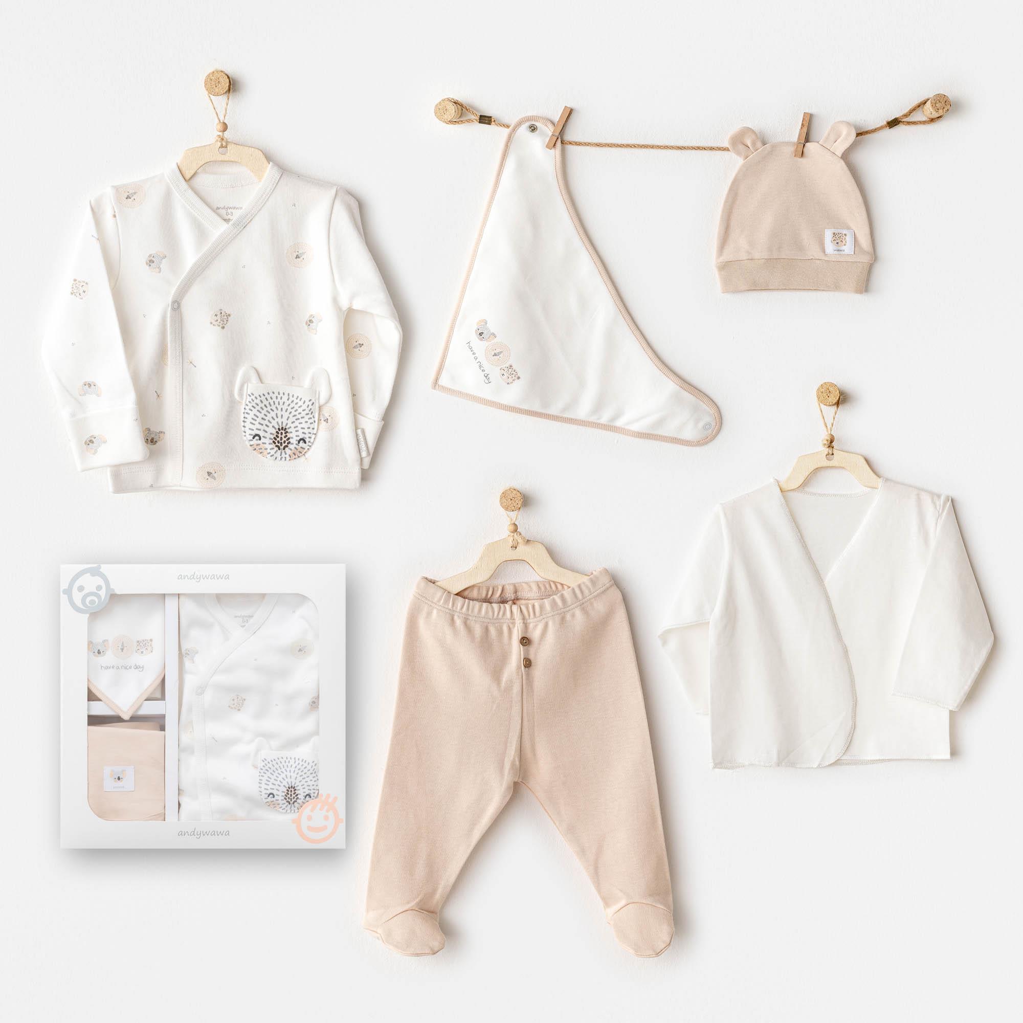 ANW-AC25850Erkek Bebek Hastane Çıkışı 5 Pcs Newborn Set Happy Animals AC25850