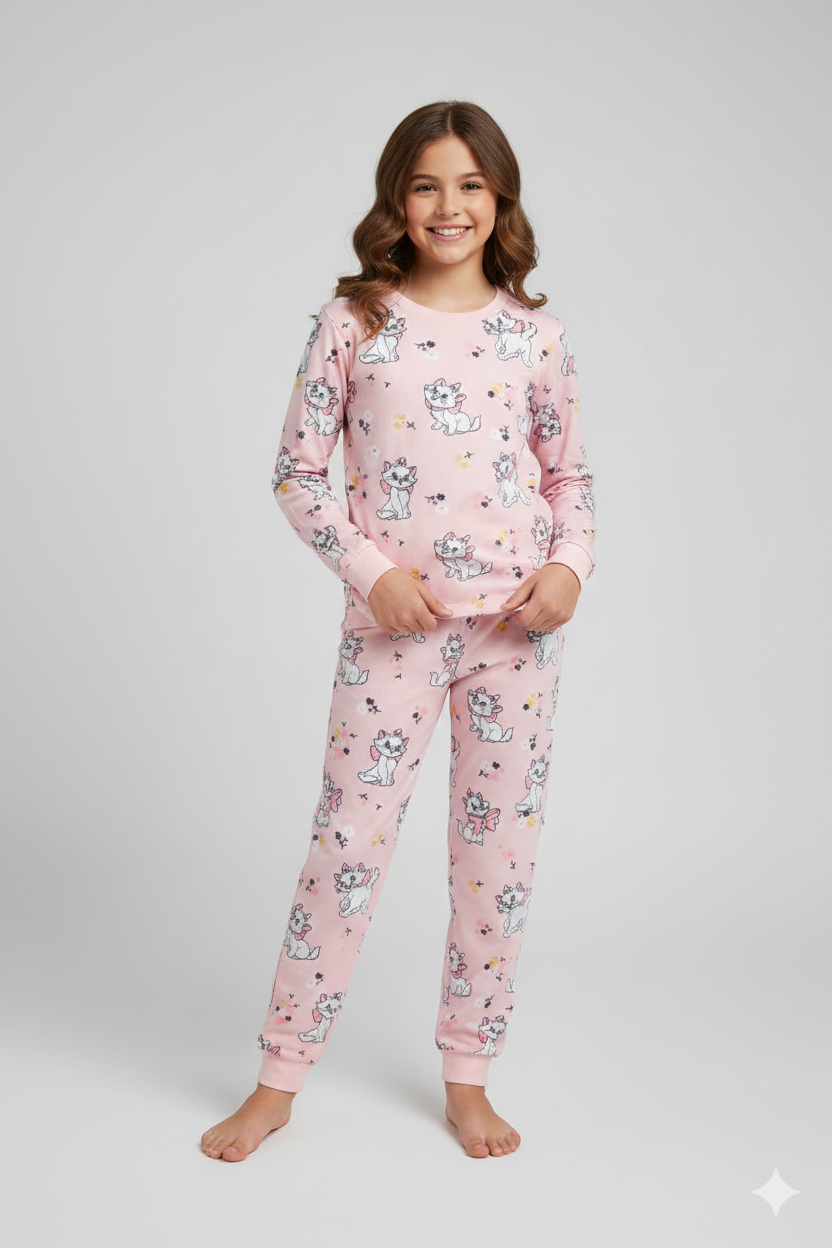 ELM-4093Kız Çocuk Pijama Takımı Kedi Desenli ELM-4093