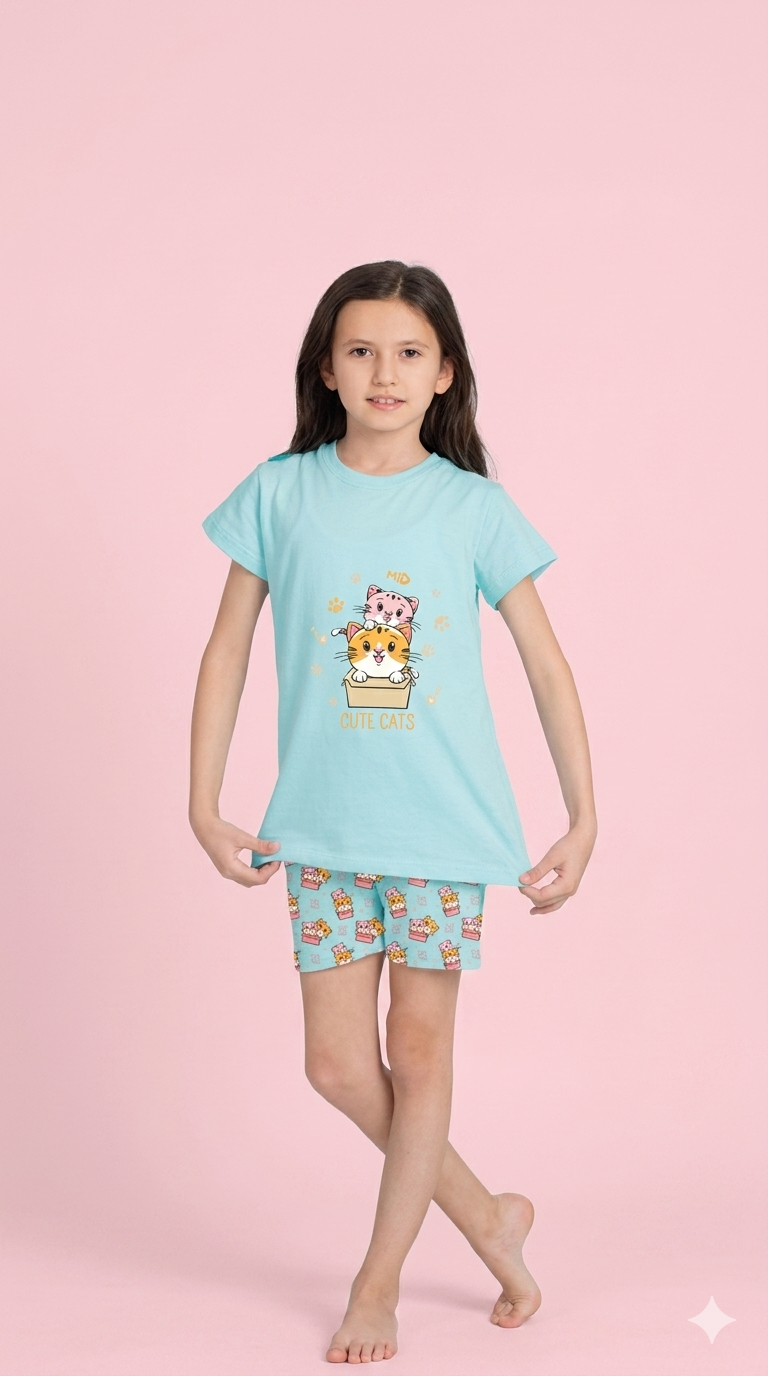 ELM-4214Kız Çocuk Yazlık Şortlu Pijama Takım Kedi ELM-4214