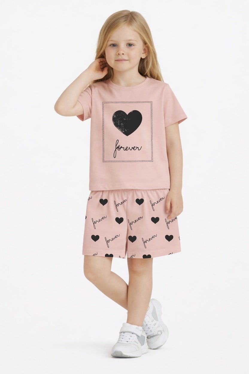 NBK-6146Kız Çocuk Şortlu Yazlık Pijama Takımı Kalp Temalı  NBK-6146