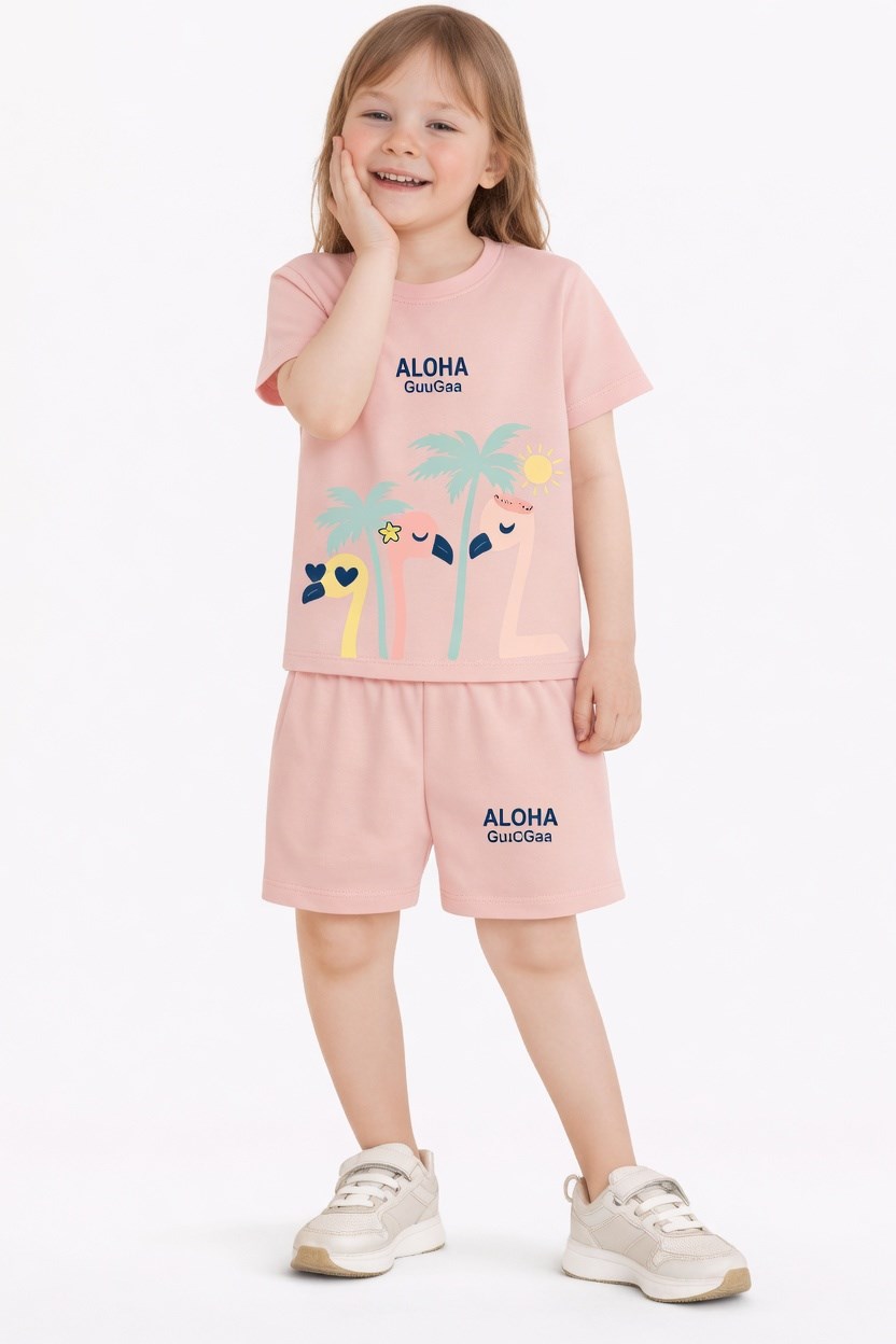 NBK-6156Kız Çocuk Şortlu Yazlık Pijama Takımı Flamingo Temalı NBK-6156