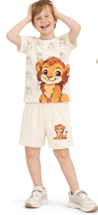 NBK-7241Erkek Çocuk Şortlu Yazlık Pijama Takımı Aslan Temalı NBK-7241