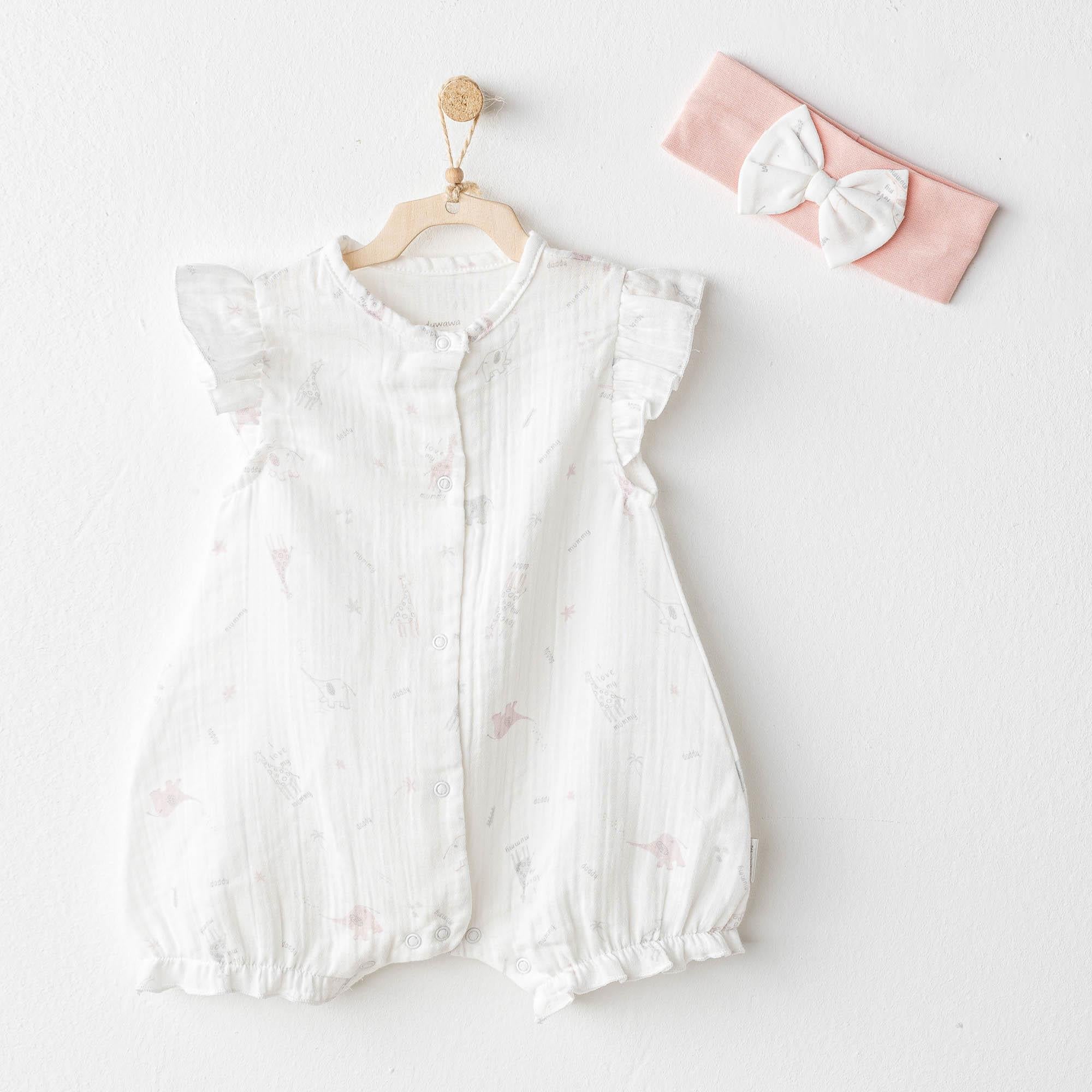 ANW-AC25504Kız Bebek Tulum Takim Romper Band Set Love Family Muslin AC25504