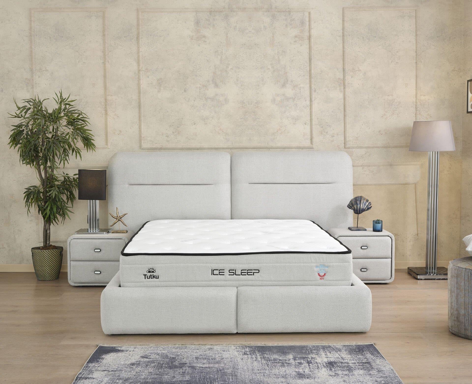 ICE SLEEP Kuzey Konforu Yatak Baza Başlık Seti – Terletmeyen Yatak, Hidrolik Sandıklı Baza, Modern Başlık