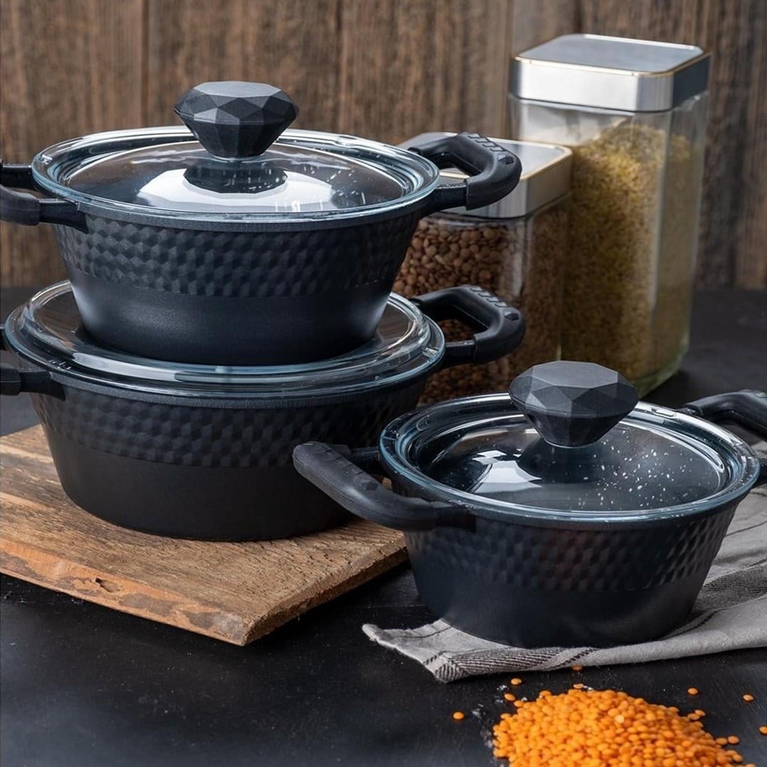 Ferro Plus Midi Siyah Cap Kapak 16-18-20Cm Derin Tencere Seti