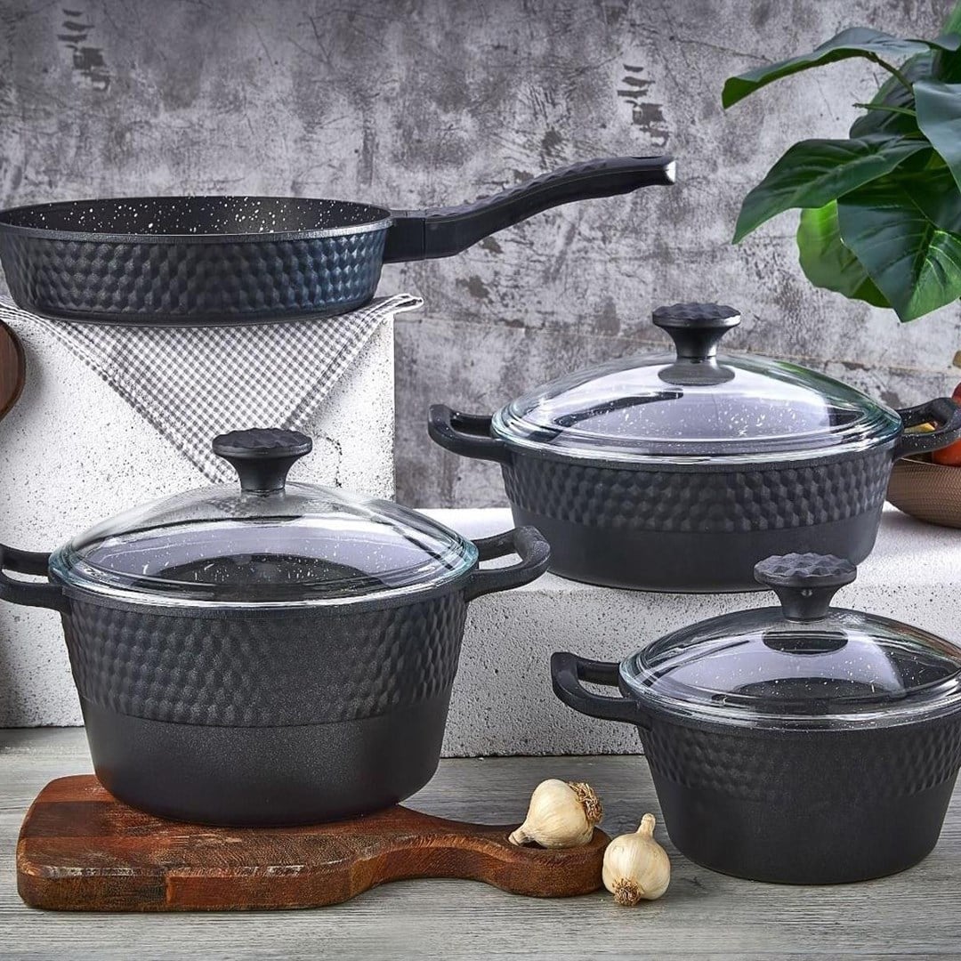 Ferro Plus Siyah 7 Parça Döküm Cam Kapak Tencere Seti