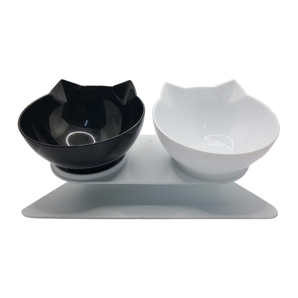 Kedi Şekilli Melamin İkili Mama ve Su Kabı Siyah Beyaz 250 Ml
