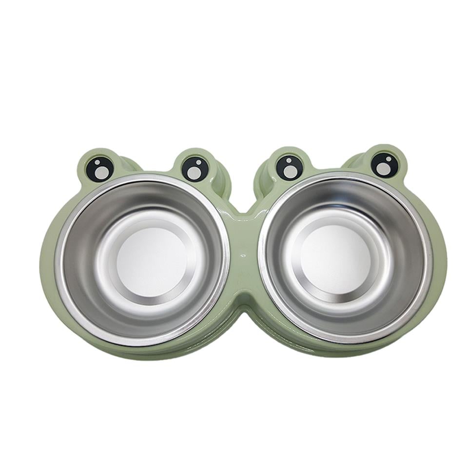 Kurbağa Şekilli Çelik Tabaklı İkili Mama ve Su Kabı Yeşil 450 Ml