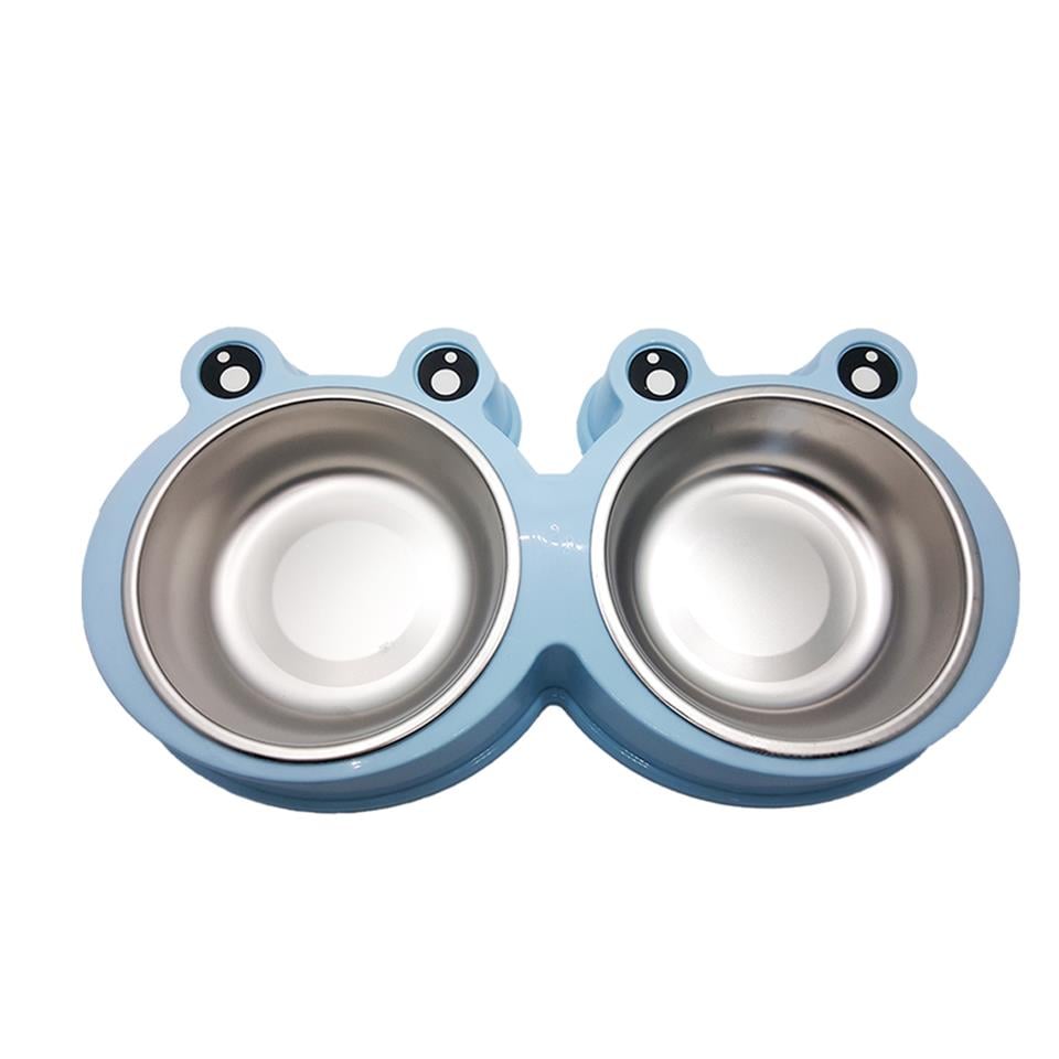 Kurbağa Şekilli Çelik Tabaklı İkili Mama ve Su Kabı Mavi 450 Ml