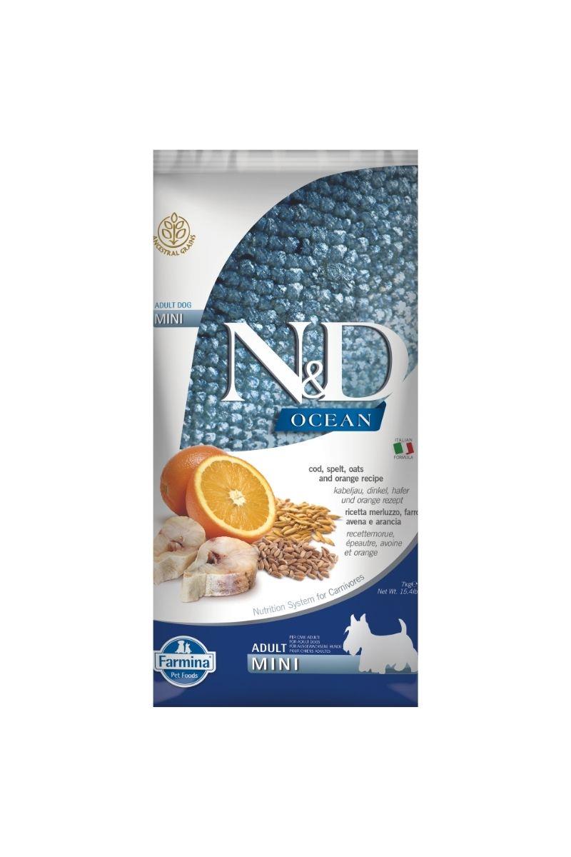 N&D Ocean Morina Balıklı & K.Buğday, Yulaf Portakal Küçük Irk Yetişkin Köpek Maması 7 Kg 
