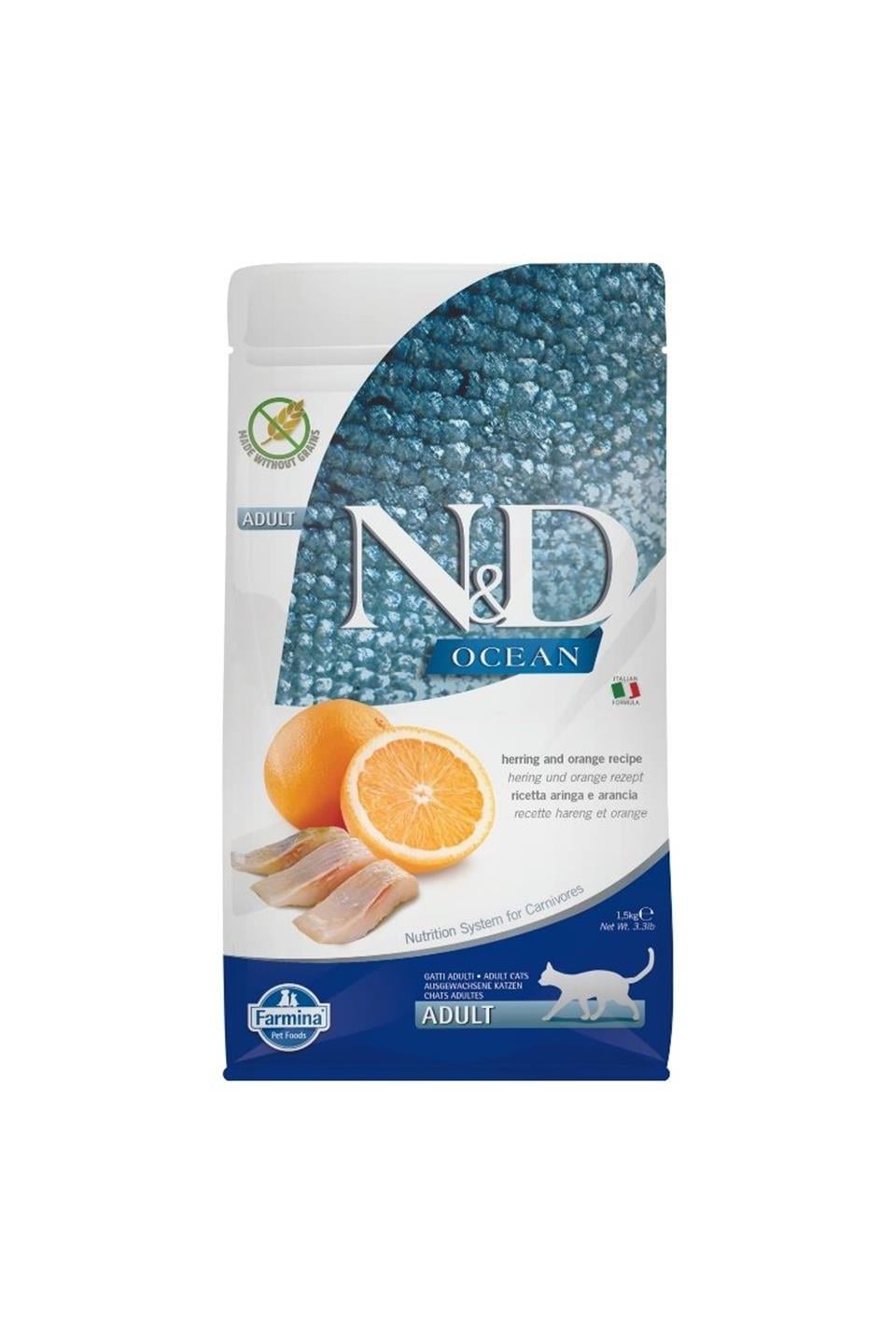 N&D Ocean Ringa Balığı & Portakal Kısırlaştırılmış Yetişkin Kedi Maması 1,5 Kg