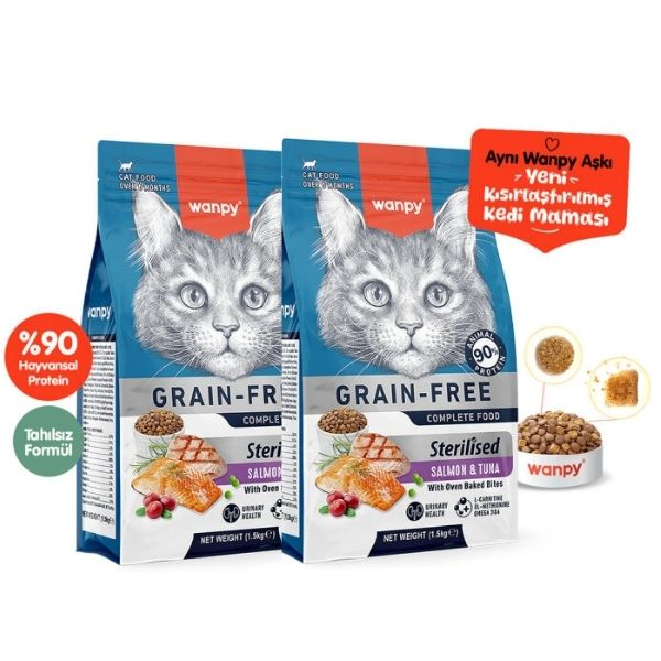 Wanpy Tahılsız Somonlu ve Ton Balıklı Kısırlaştırılmış Yetişkin Kedi Maması 1,5Kg X 2 Adet