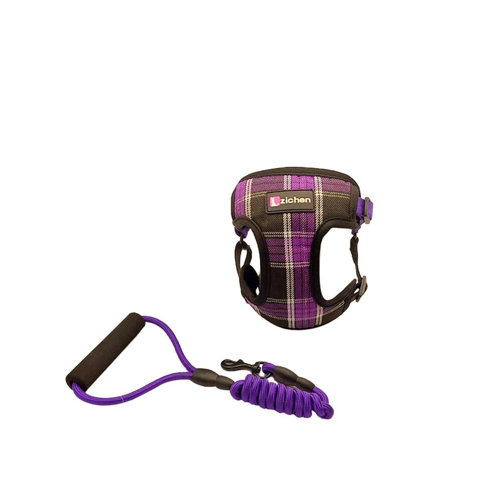 Zichen Kareli Kumaş Köpek Göğüs Tasma Seti Mor Medium
