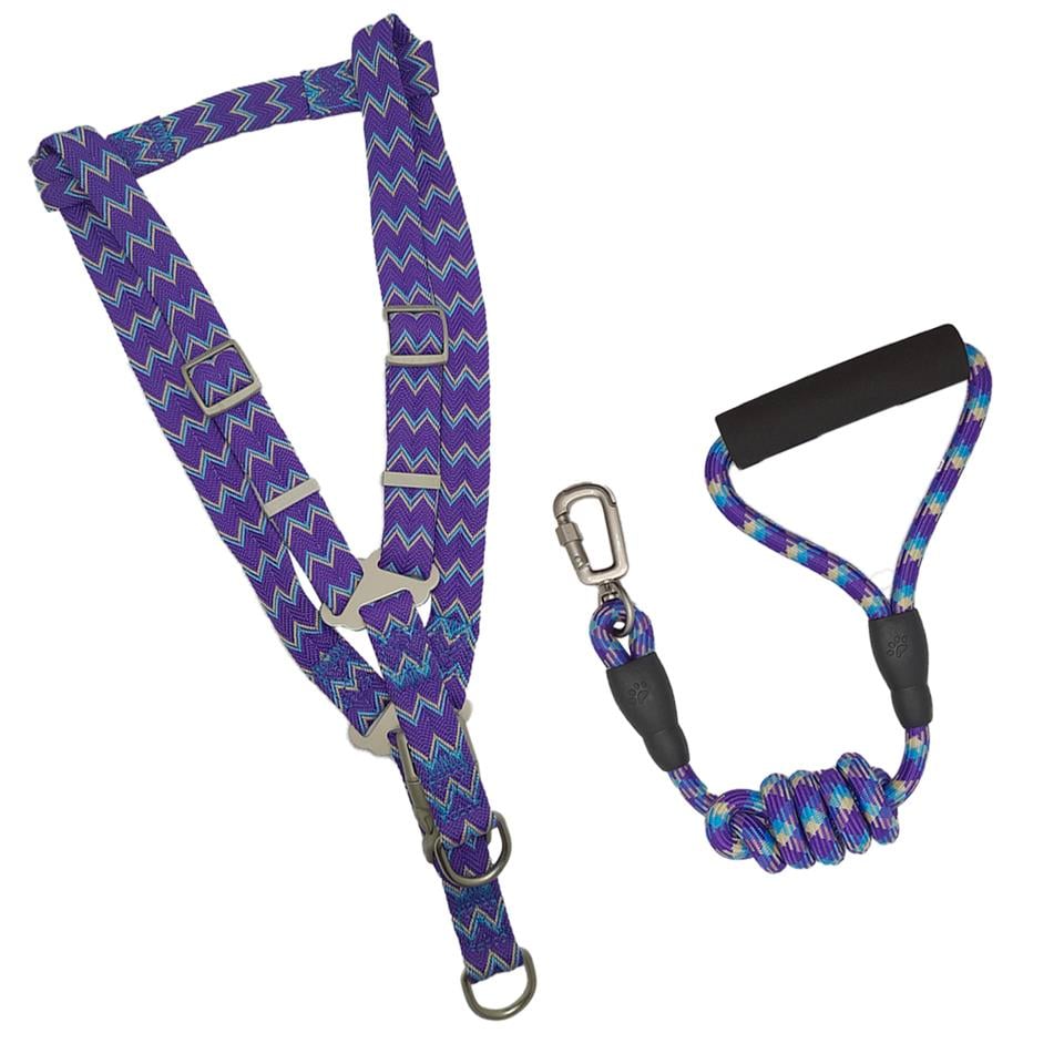 Zichen Lux Desenli Dokuma Kumaş Köpek Göğüs Tasma Seti Mavi Mor Large